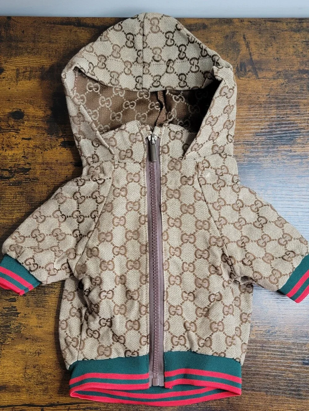 Stylish Beige & Brown Dog Hooded Jacket with Green-Red Trim